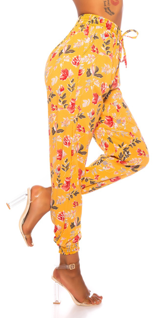 Trendy high waist pants with flower print Yellow